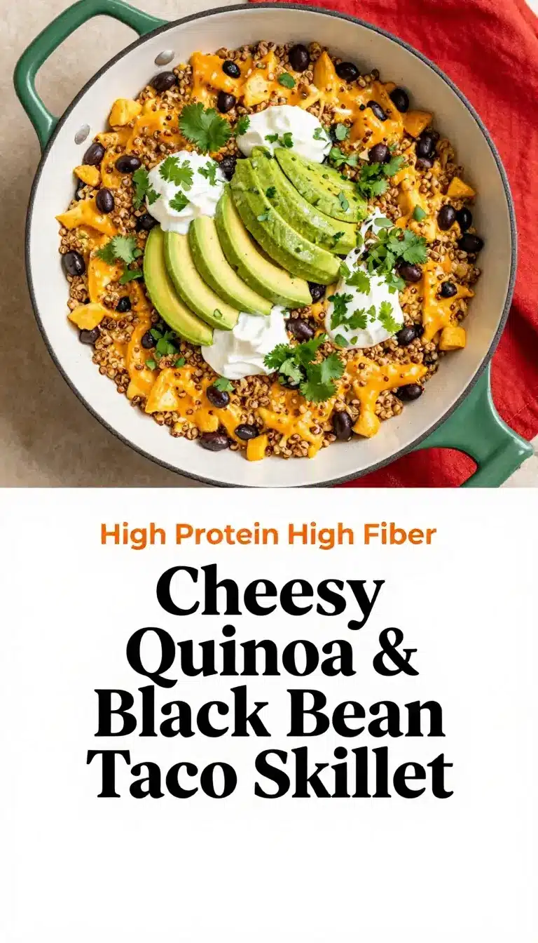 A skillet filled with cheesy quinoa, black beans, and taco seasoning, garnished with fresh cilantro.