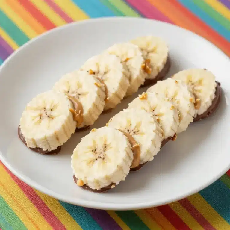 Close-up of chocolate-coated banana slices with peanut butter filling on a wooden plate.