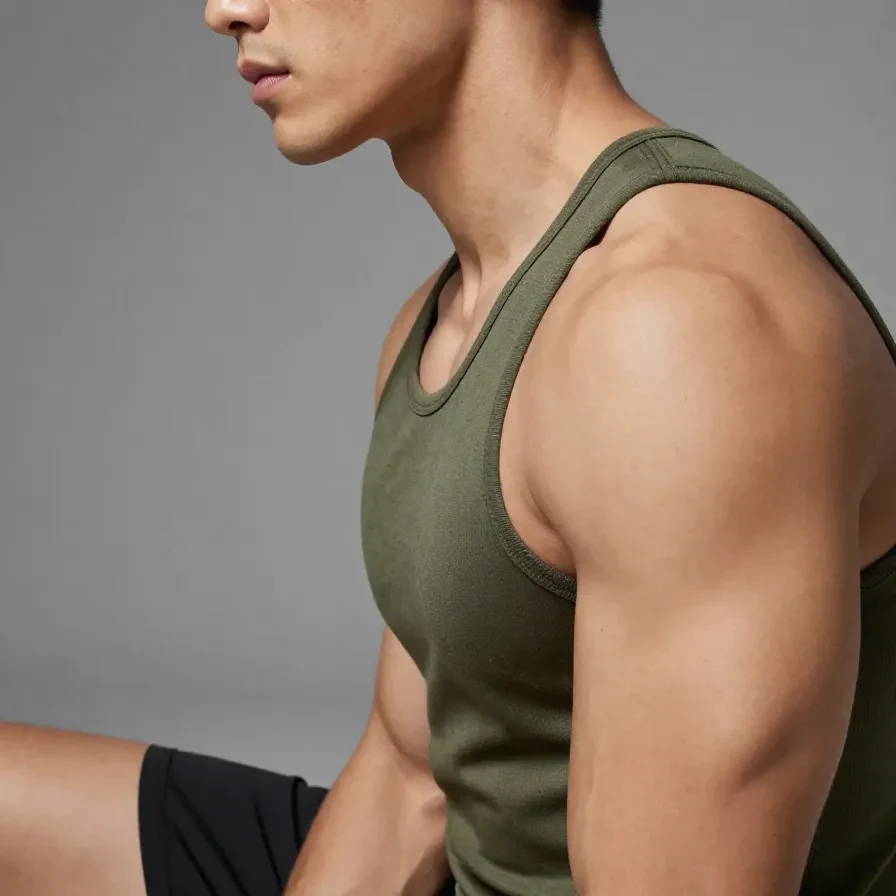 Athleisure muscle tee displayed on a model during summer training session