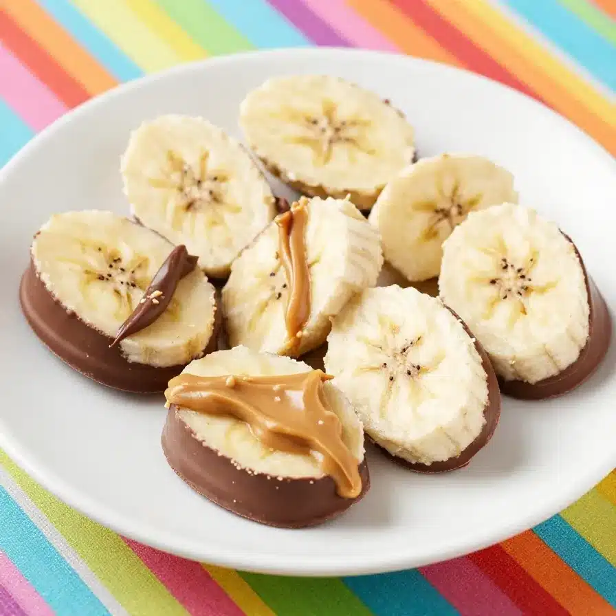 Close-up of chocolate-coated banana slices with peanut butter filling on a wooden plate.