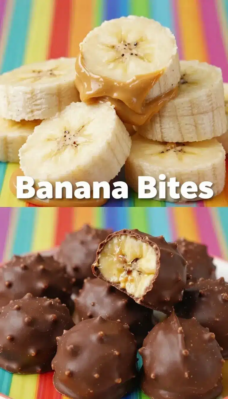 Close-up of chocolate-coated banana slices with peanut butter filling on a wooden plate.