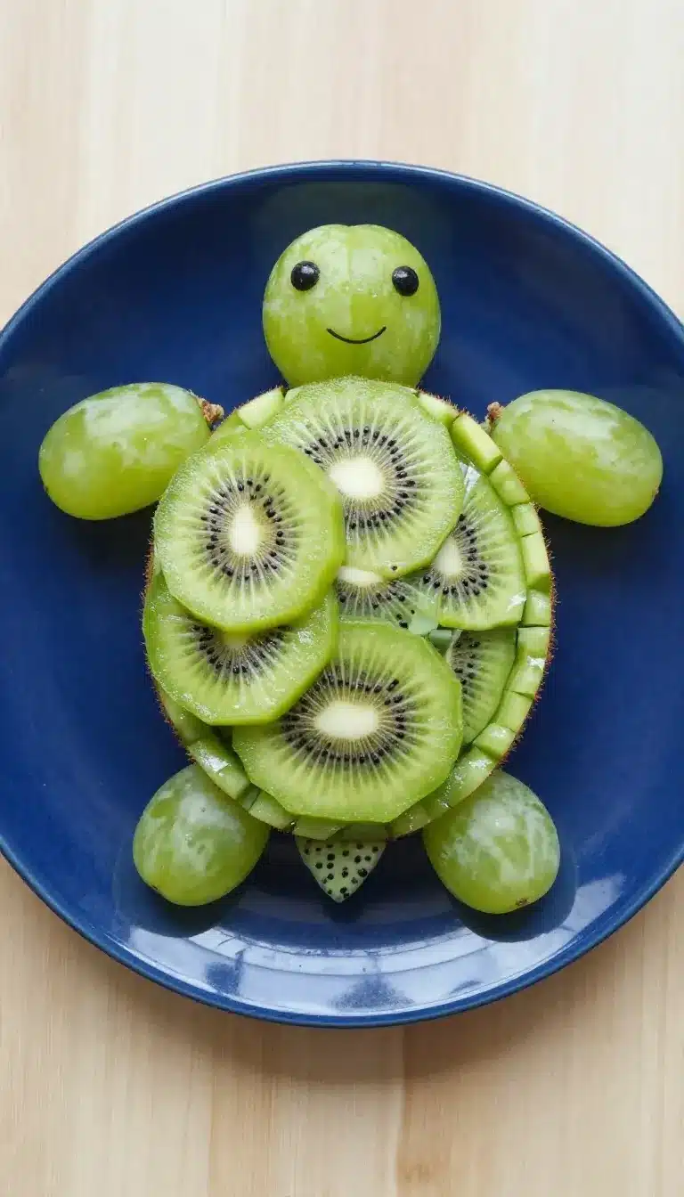 A creative food art featuring a kiwi turtle made from sliced kiwi fruit, perfect for kids' snacks.