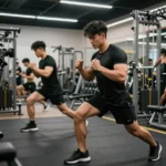 A person wearing a stylish gym outfit while lifting weights in a modern gym