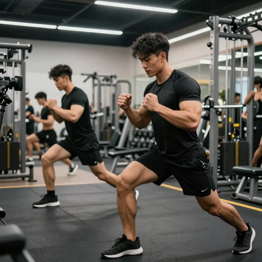 A person wearing a stylish gym outfit while lifting weights in a modern gym