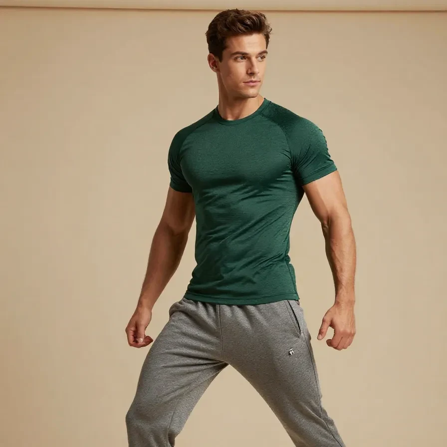 A man wearing a performance seamless T-shirt while exercising in the gym