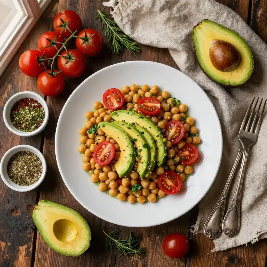 A bowl of fresh chickpea salad with avocado slices and cherry tomatoes, garnished with herbs.