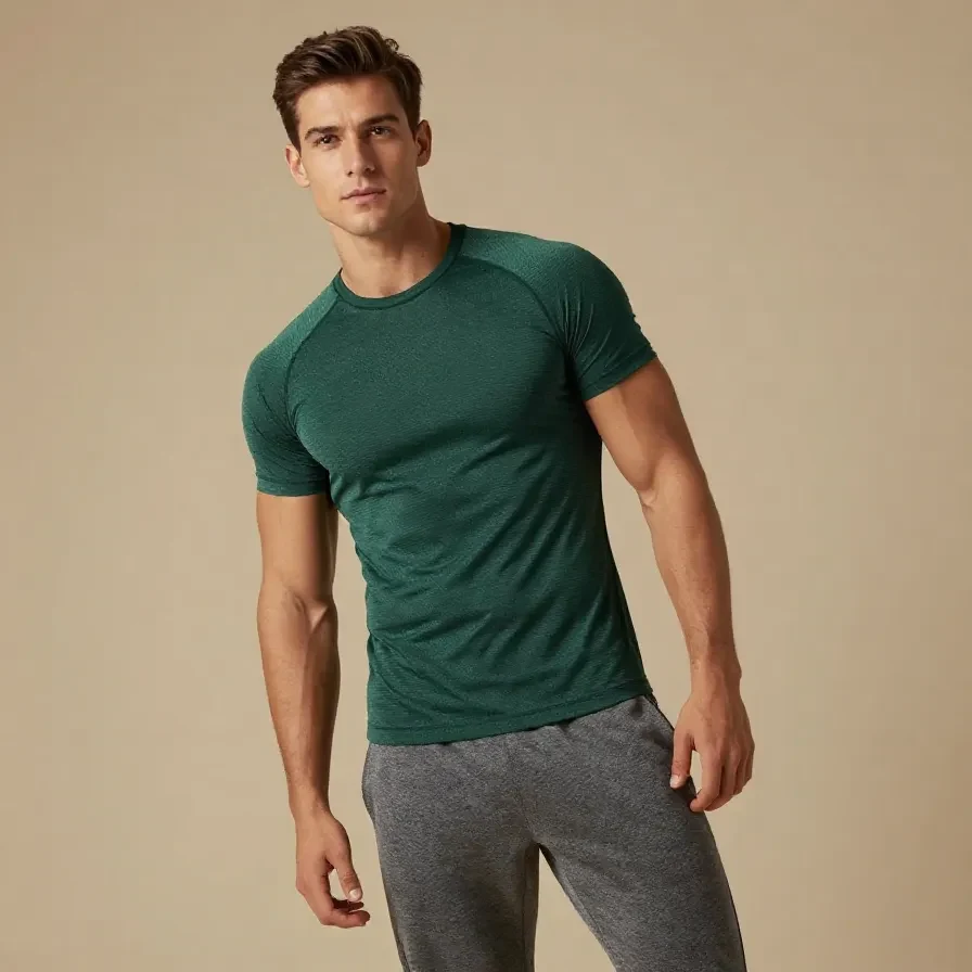 A man wearing a performance seamless T-shirt while exercising in the gym
