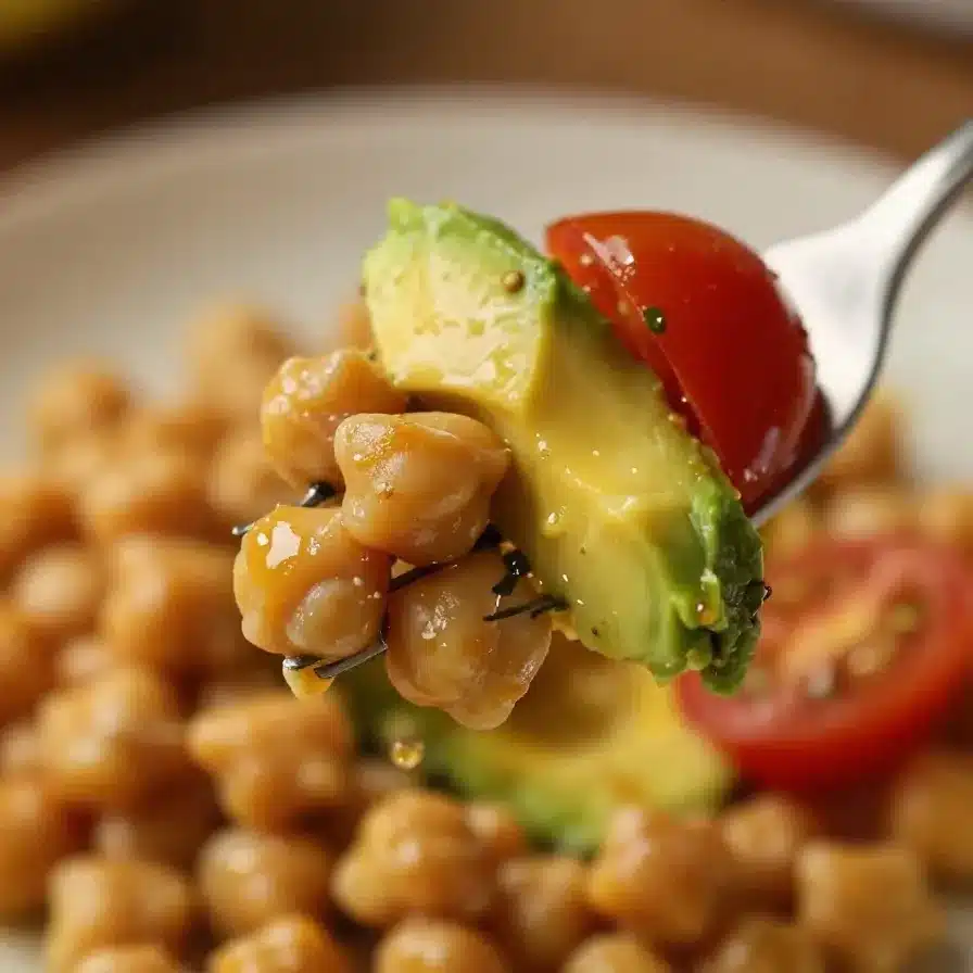 A bowl of fresh chickpea salad with avocado slices and cherry tomatoes, garnished with herbs.