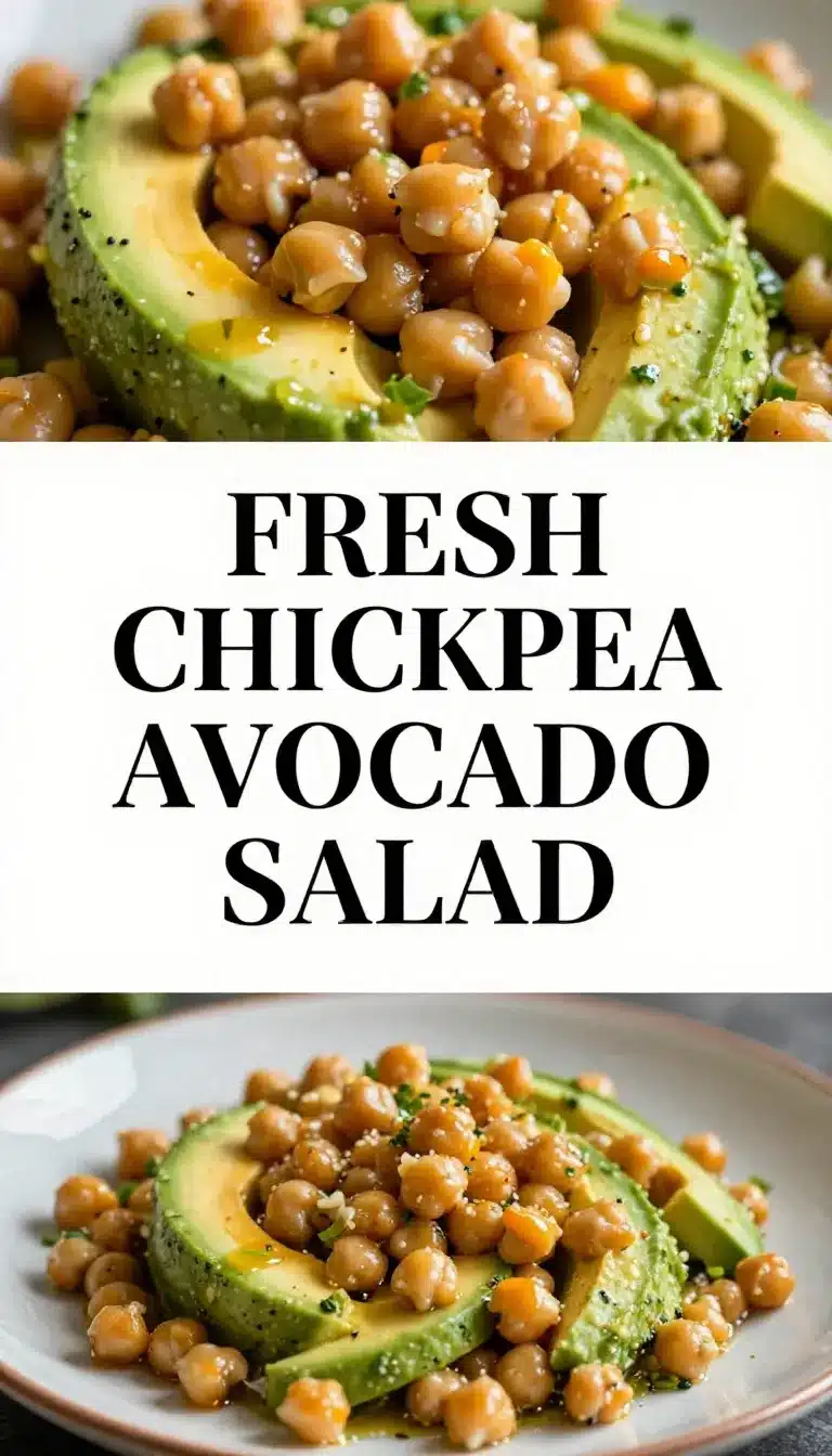 A bowl of fresh chickpea salad with avocado slices and cherry tomatoes, garnished with herbs.