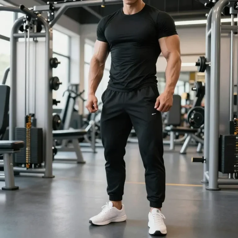 A man wearing a compression shirt and gym shorts, showcasing an athletic outfit for workouts.
