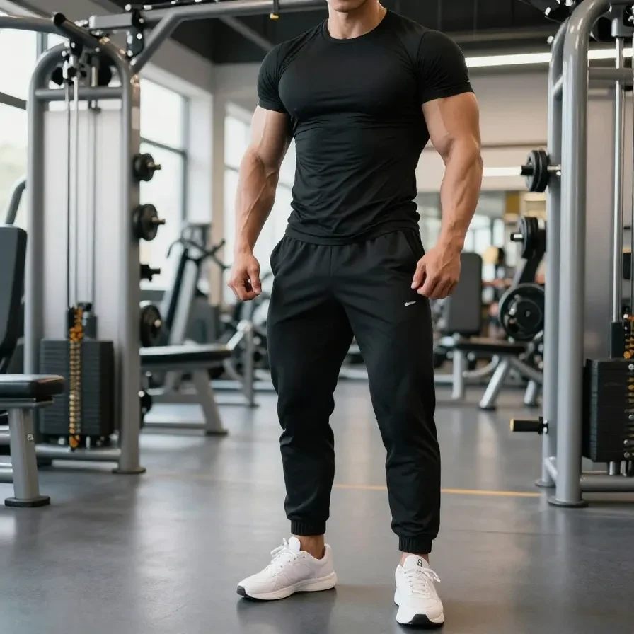 A man wearing a compression shirt and gym shorts, showcasing an athletic outfit for workouts.