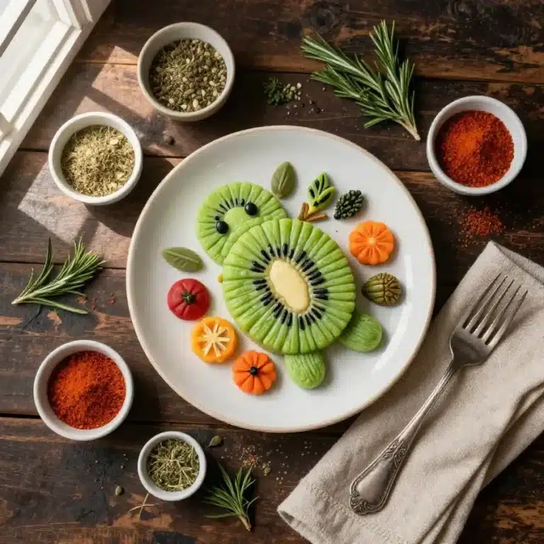 A creative food art design of a kiwi shaped like a turtle, perfect for kids' snacks.