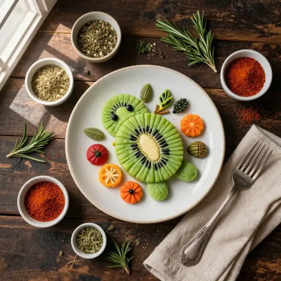 A creative food art design of a kiwi shaped like a turtle, perfect for kids' snacks.