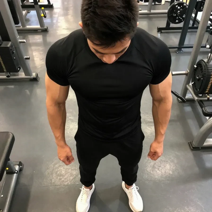 A man wearing a compression shirt and gym shorts, showcasing an athletic outfit for workouts.