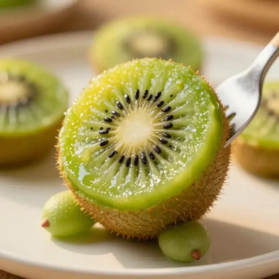 A creative food art design of a kiwi shaped like a turtle, perfect for kids' snacks.
