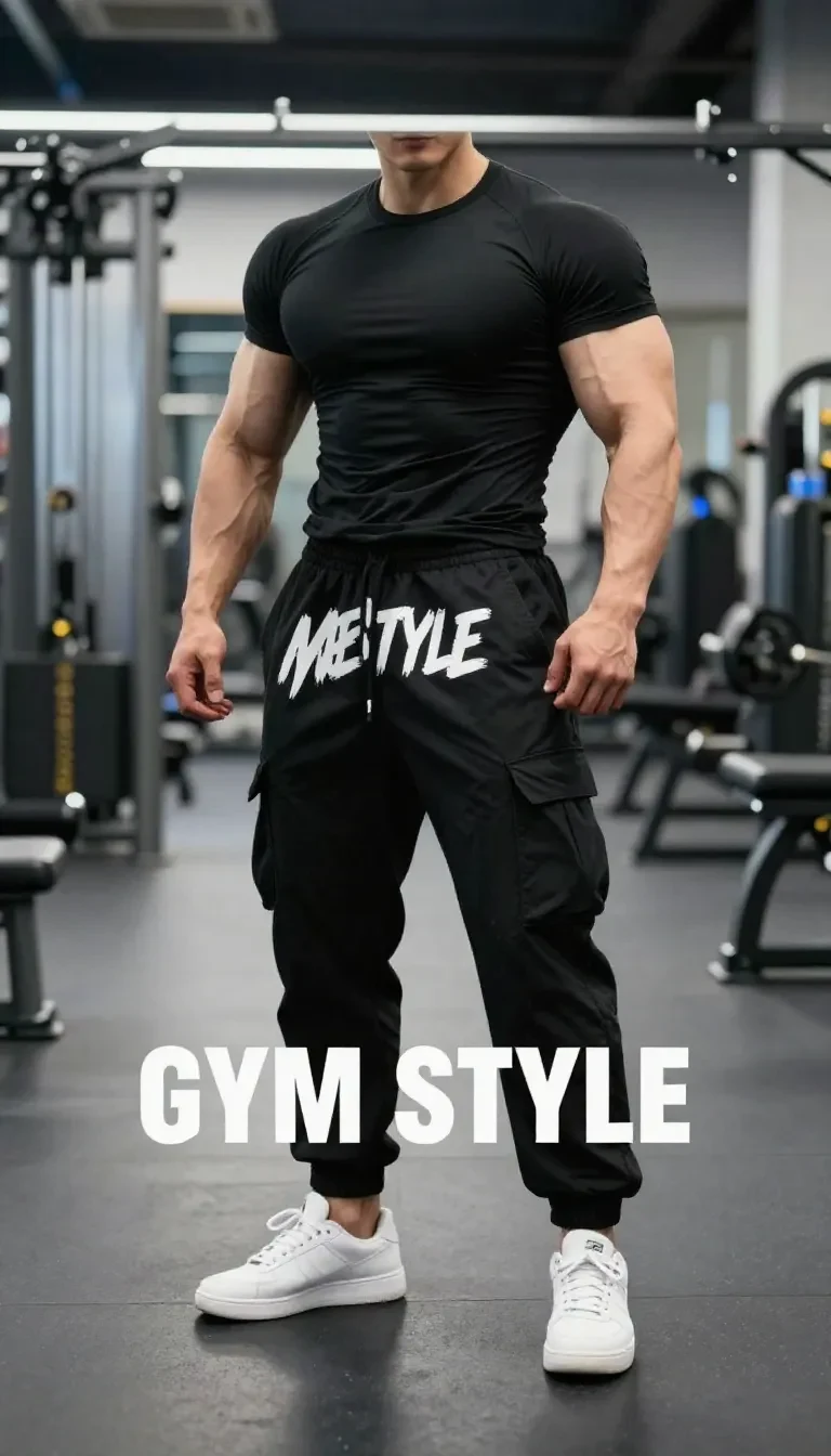 A man wearing a compression shirt and gym shorts, showcasing an athletic outfit for workouts.