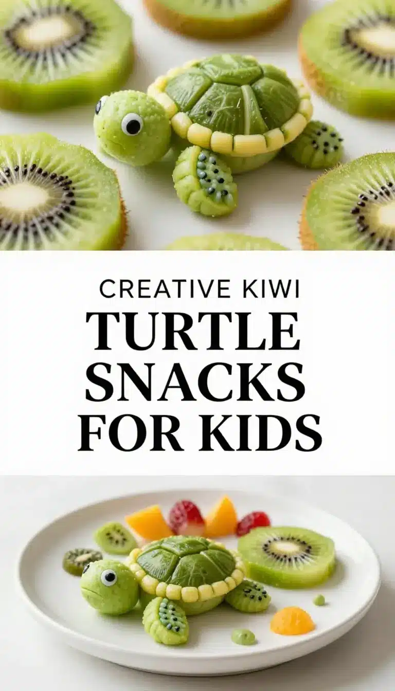 A creative food art design of a kiwi shaped like a turtle, perfect for kids' snacks.