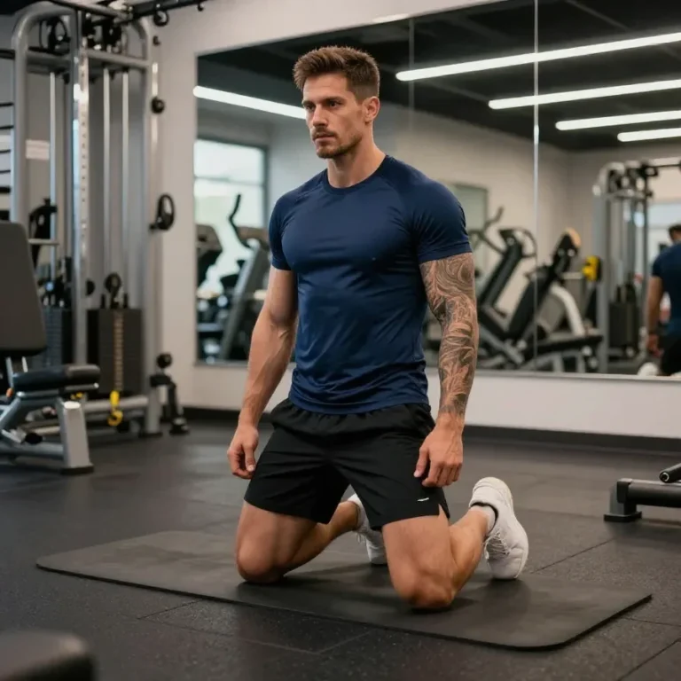 Richard Kent demonstrating a workout routine in a hybrid athlete outfit