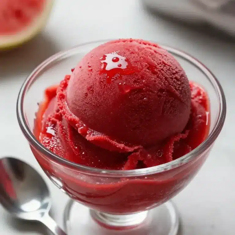 A bowl of vibrant strawberry sorbet garnished with fresh mint leaves.