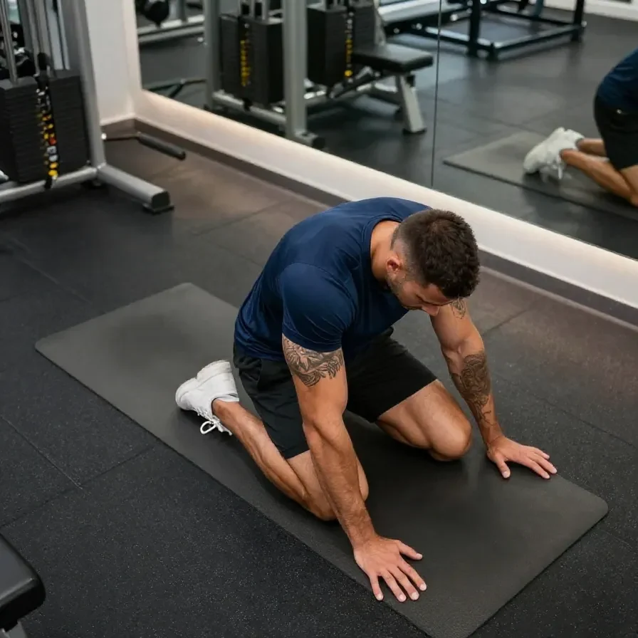 Richard Kent demonstrating a workout routine in a hybrid athlete outfit