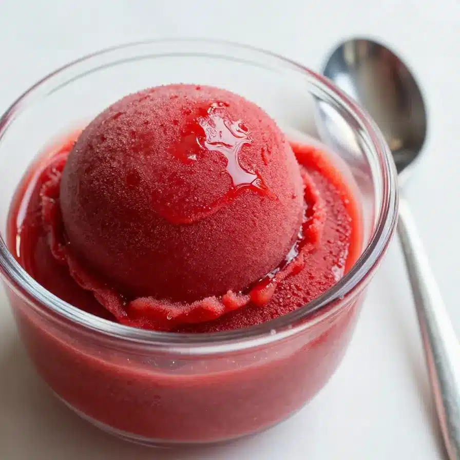 A bowl of vibrant strawberry sorbet garnished with fresh mint leaves.