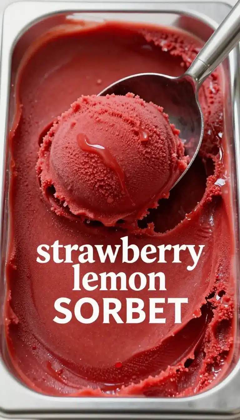 A bowl of vibrant strawberry sorbet garnished with fresh mint leaves.