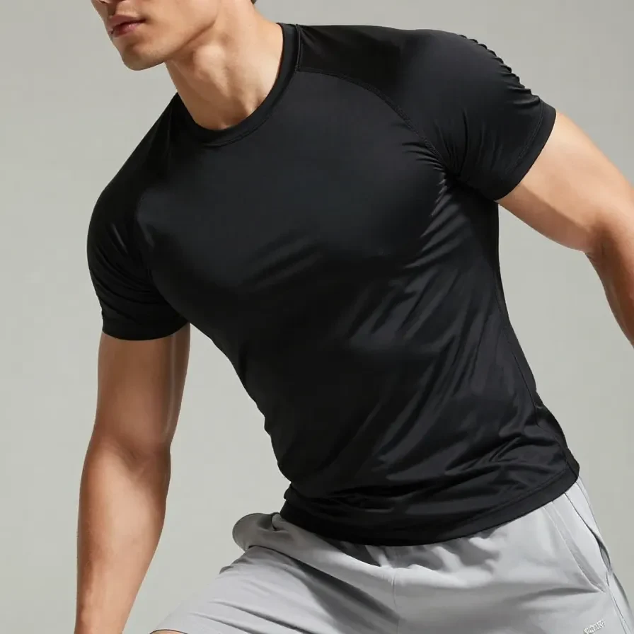 A stylish men's gym outfit featuring a black shirt and white pants
