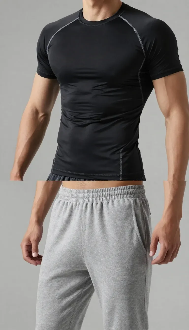A stylish men's gym outfit featuring a black shirt and white pants