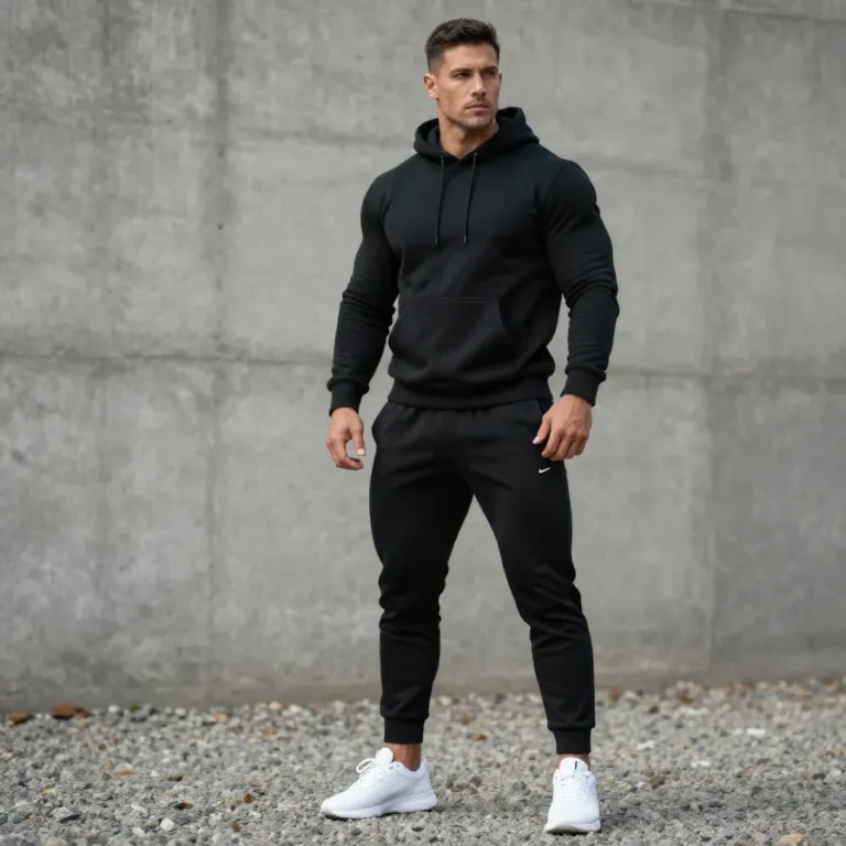 A black sportswear tracksuit displayed on a hanger, ideal for gym workouts