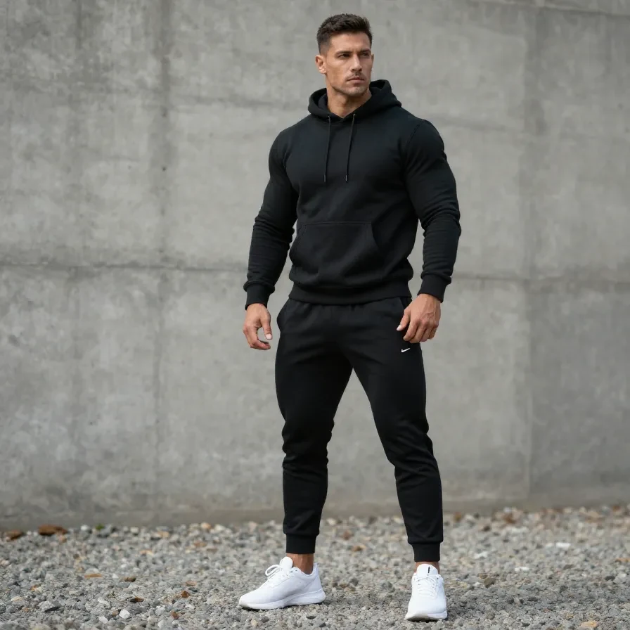 A black sportswear tracksuit displayed on a hanger, ideal for gym workouts