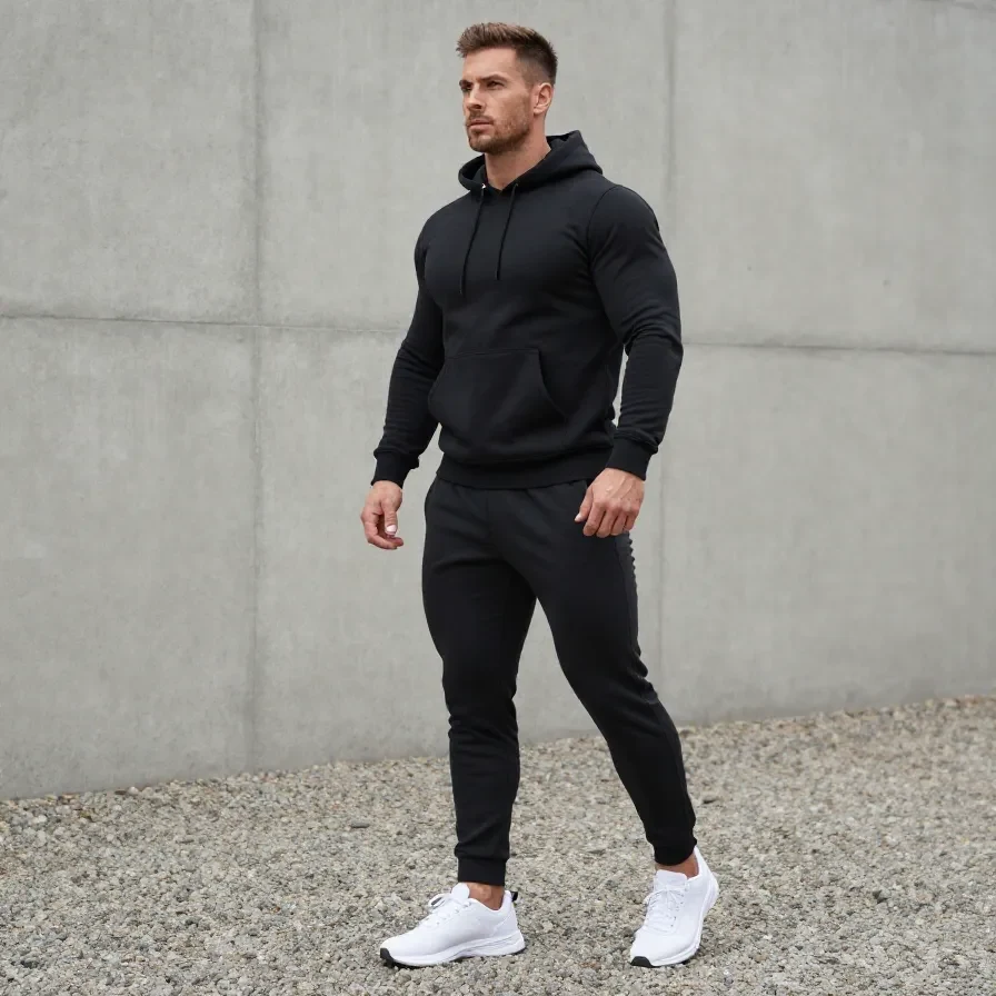 A black sportswear tracksuit displayed on a hanger, ideal for gym workouts