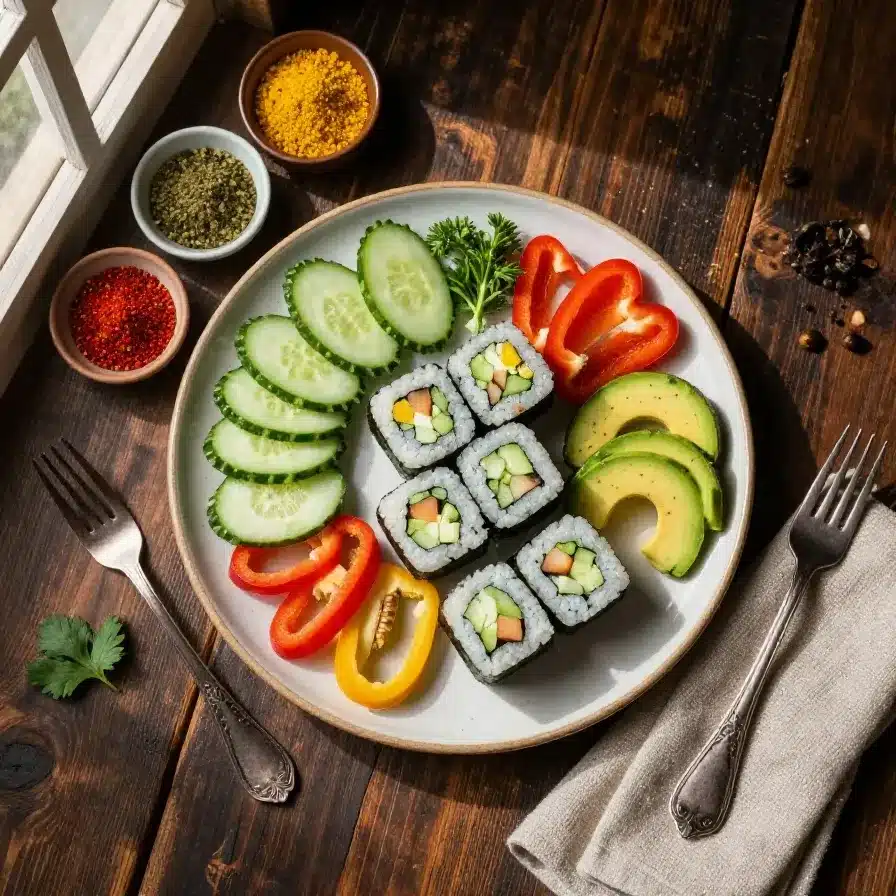 A plate of freshly made cucumber sushi rolls, garnished with sesame seeds.