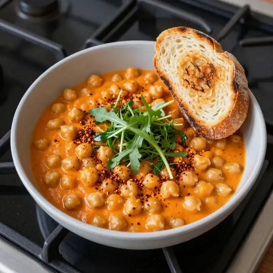 A bowl of hearty chickpea soup garnished with fresh parsley, perfect for a cozy vegan dinner.
