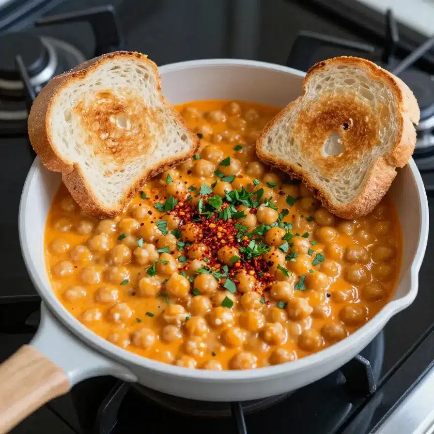 A bowl of hearty chickpea soup garnished with fresh parsley, perfect for a cozy vegan dinner.
