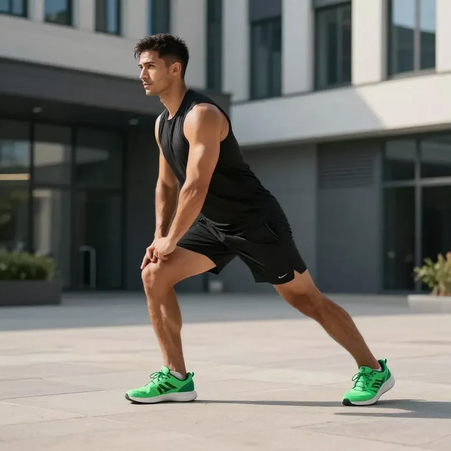 A runner performing dynamic stretches in a park before a run
