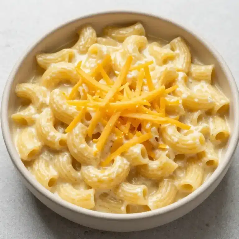A bowl of creamy cottage cheese mac and cheese garnished with fresh parsley, showcasing a high-protein healthy recipe.