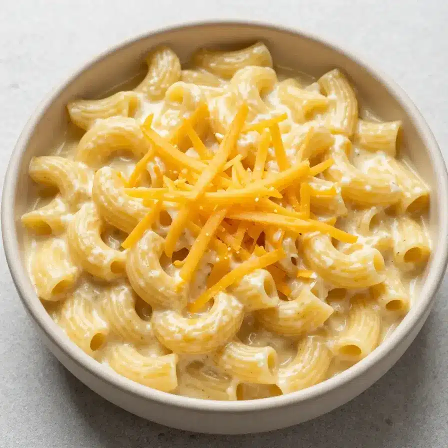 A bowl of creamy cottage cheese mac and cheese garnished with fresh parsley, showcasing a high-protein healthy recipe.