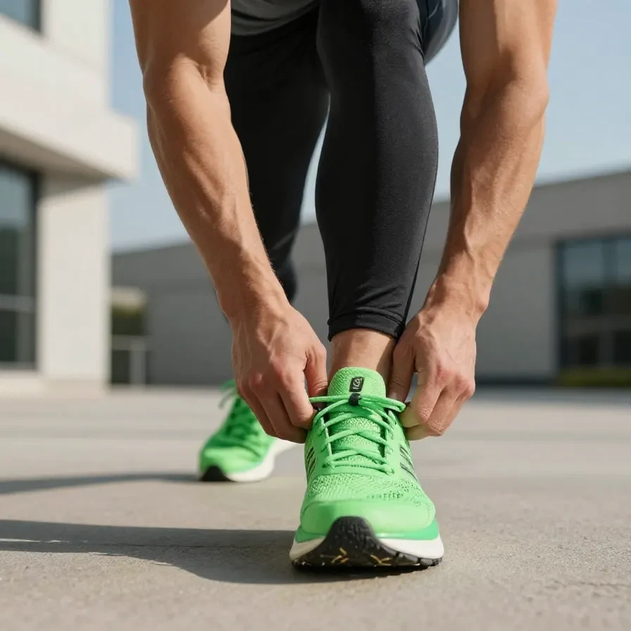 A runner performing dynamic stretches in a park before a run