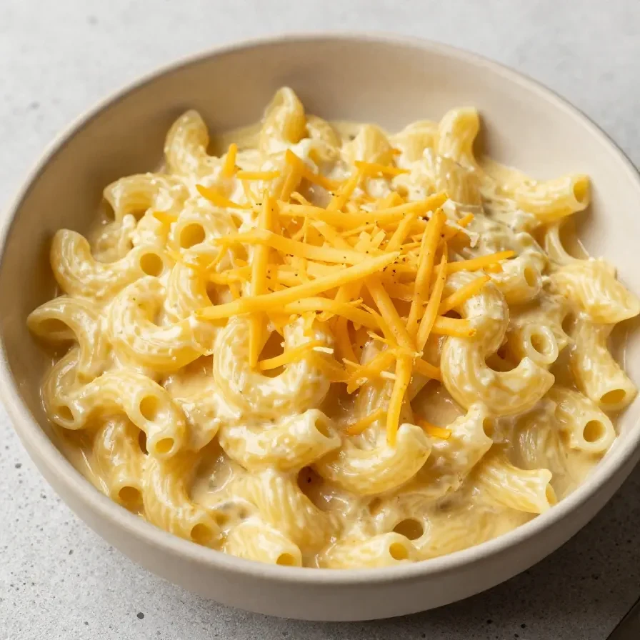 A bowl of creamy cottage cheese mac and cheese garnished with fresh parsley, showcasing a high-protein healthy recipe.