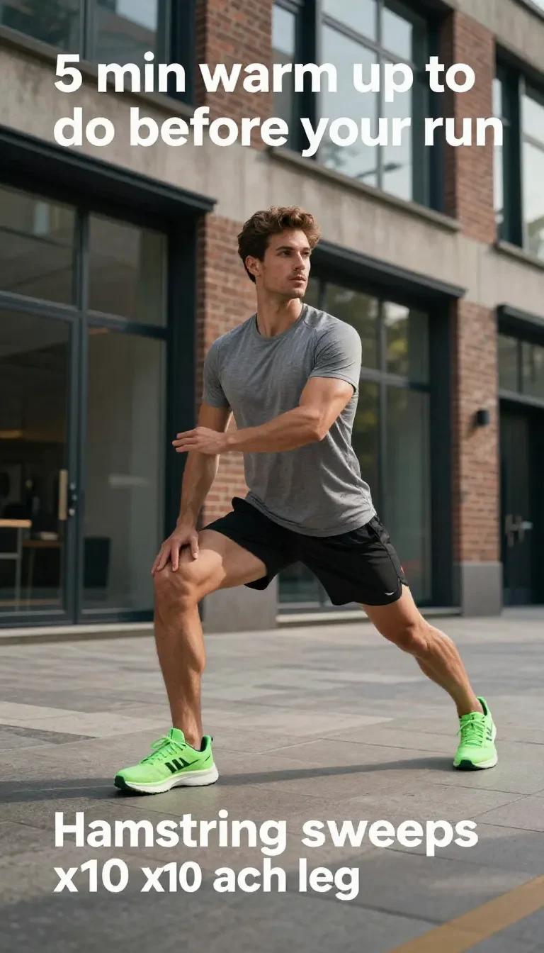 A runner performing dynamic stretches in a park before a run