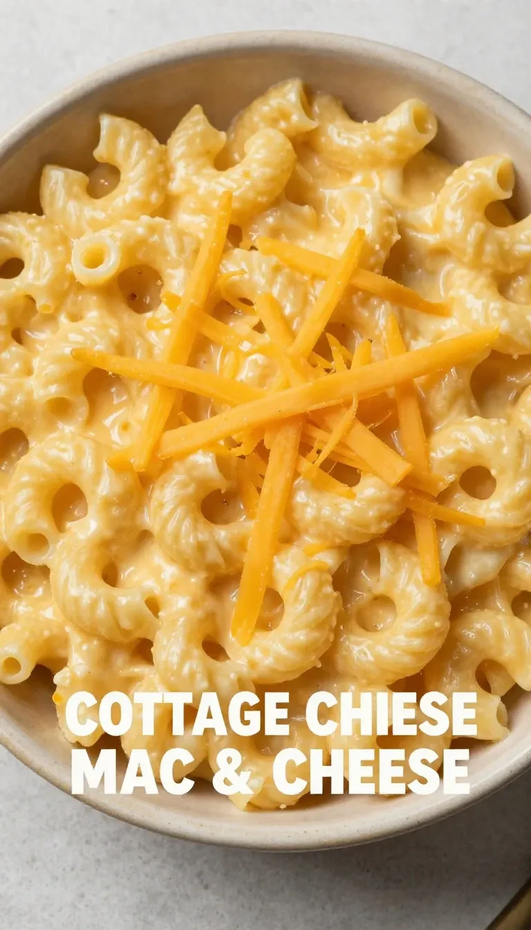 A bowl of creamy cottage cheese mac and cheese garnished with fresh parsley, showcasing a high-protein healthy recipe.