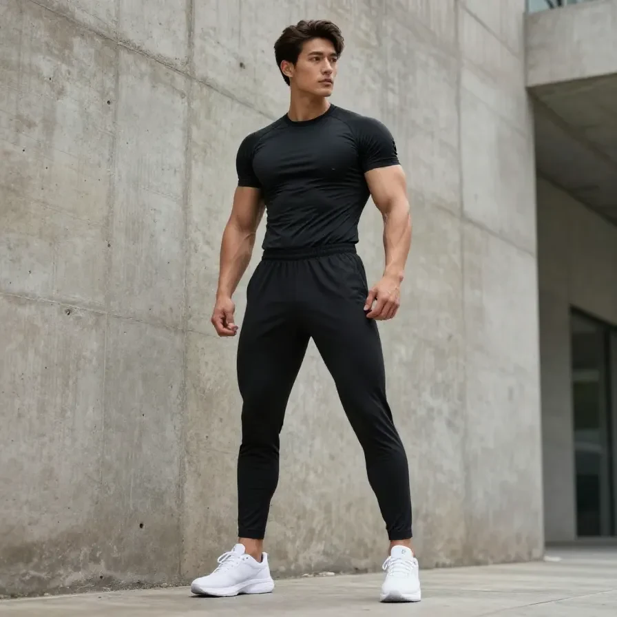 A model wearing a black sportswear tracksuit in a gym setting