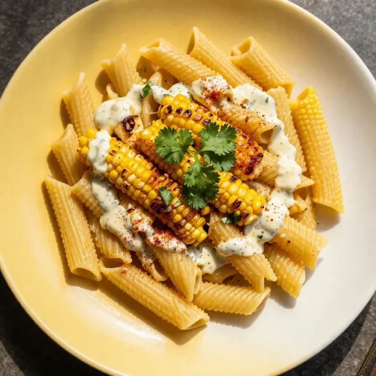 A vibrant bowl of grilled corn elote pasta salad made with Greek yogurt, garnished with fresh cilantro and lime wedges.
