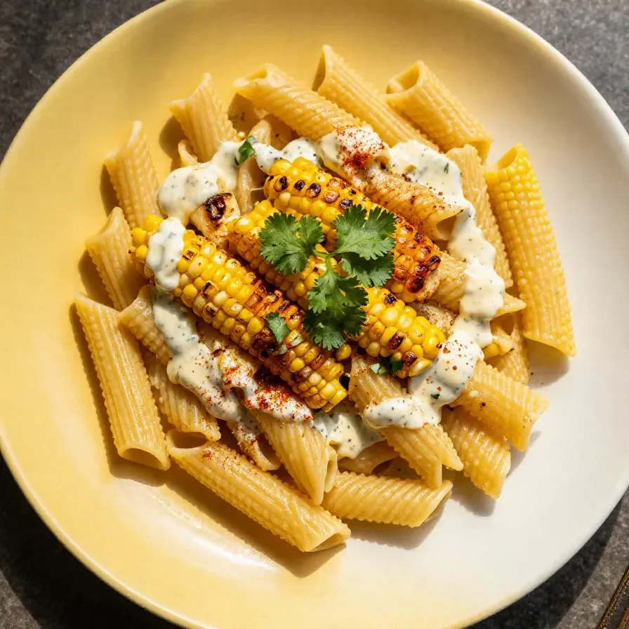 A vibrant bowl of grilled corn elote pasta salad made with Greek yogurt, garnished with fresh cilantro and lime wedges.