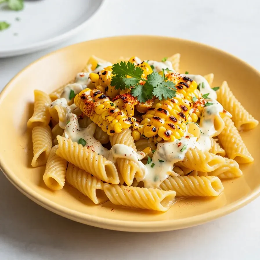 A vibrant bowl of grilled corn elote pasta salad made with Greek yogurt, garnished with fresh cilantro and lime wedges.