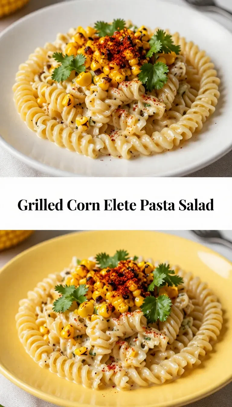 A vibrant bowl of grilled corn elote pasta salad made with Greek yogurt, garnished with fresh cilantro and lime wedges.