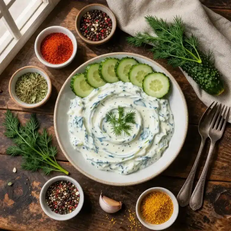 A bowl of creamy homemade tzatziki sauce garnished with fresh dill and cucumber slices.