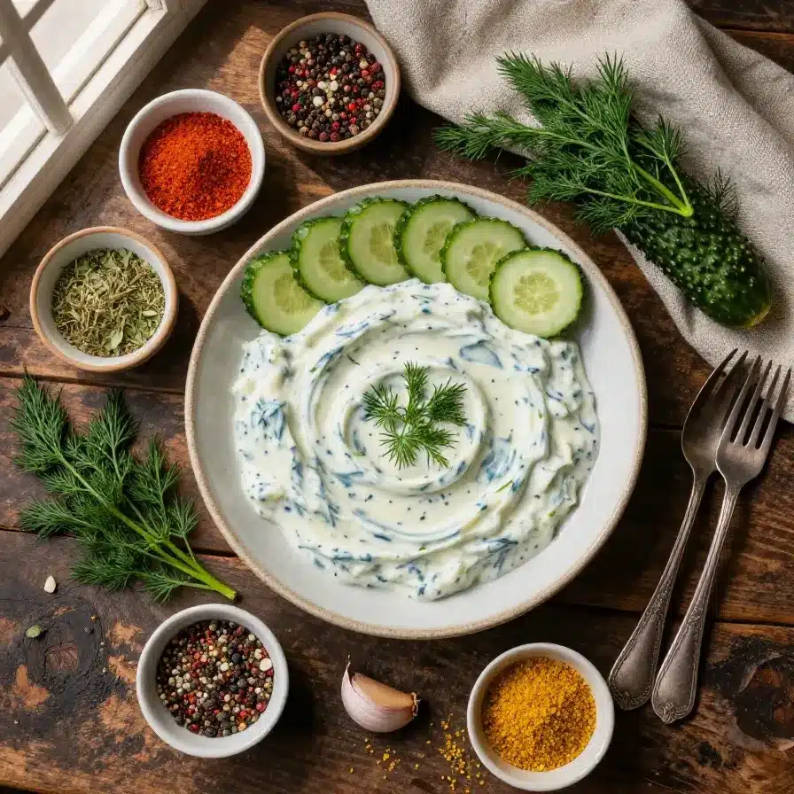 A bowl of creamy homemade tzatziki sauce garnished with fresh dill and cucumber slices.