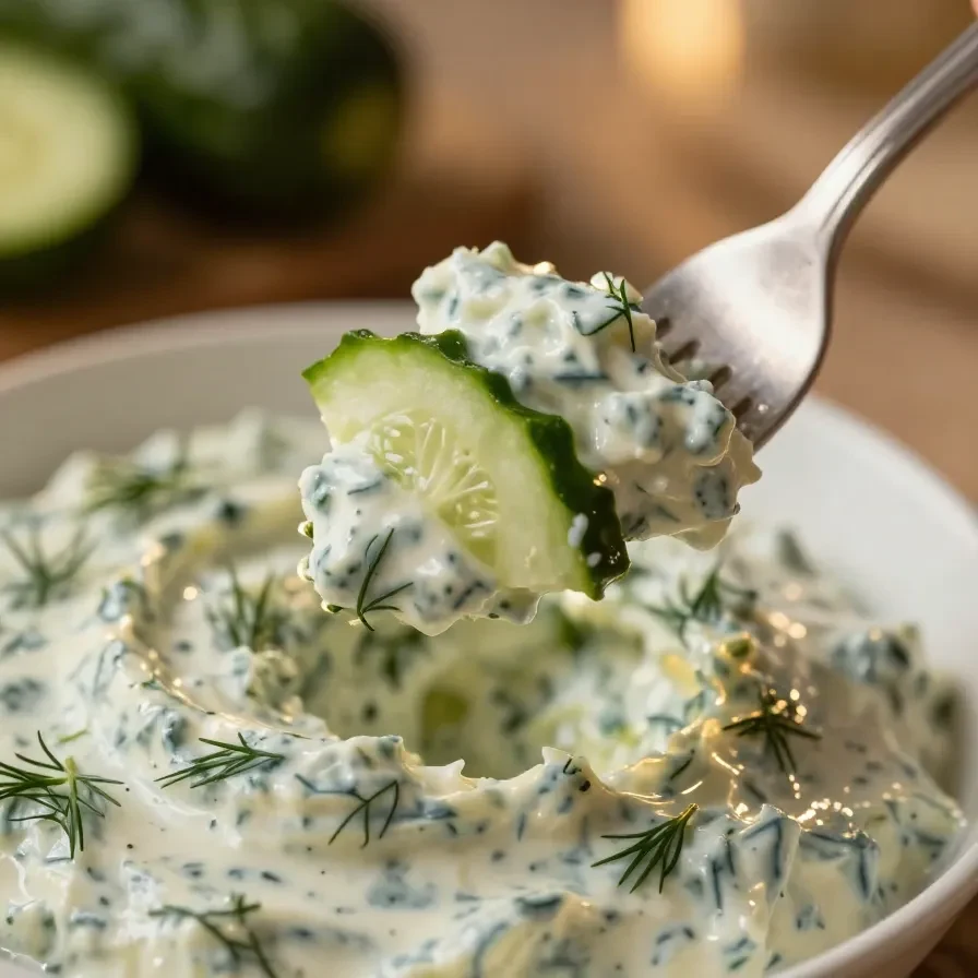 A bowl of creamy homemade tzatziki sauce garnished with fresh dill and cucumber slices.
