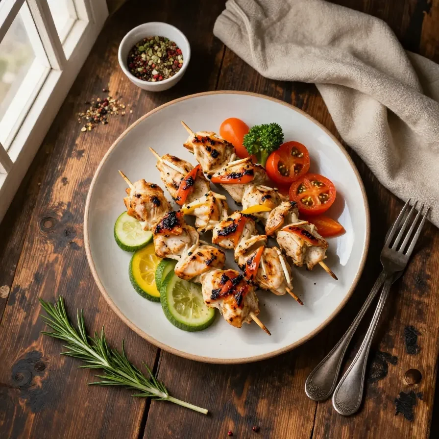 Grilled Greek chicken souvlaki skewers served with fresh vegetables and pita bread.